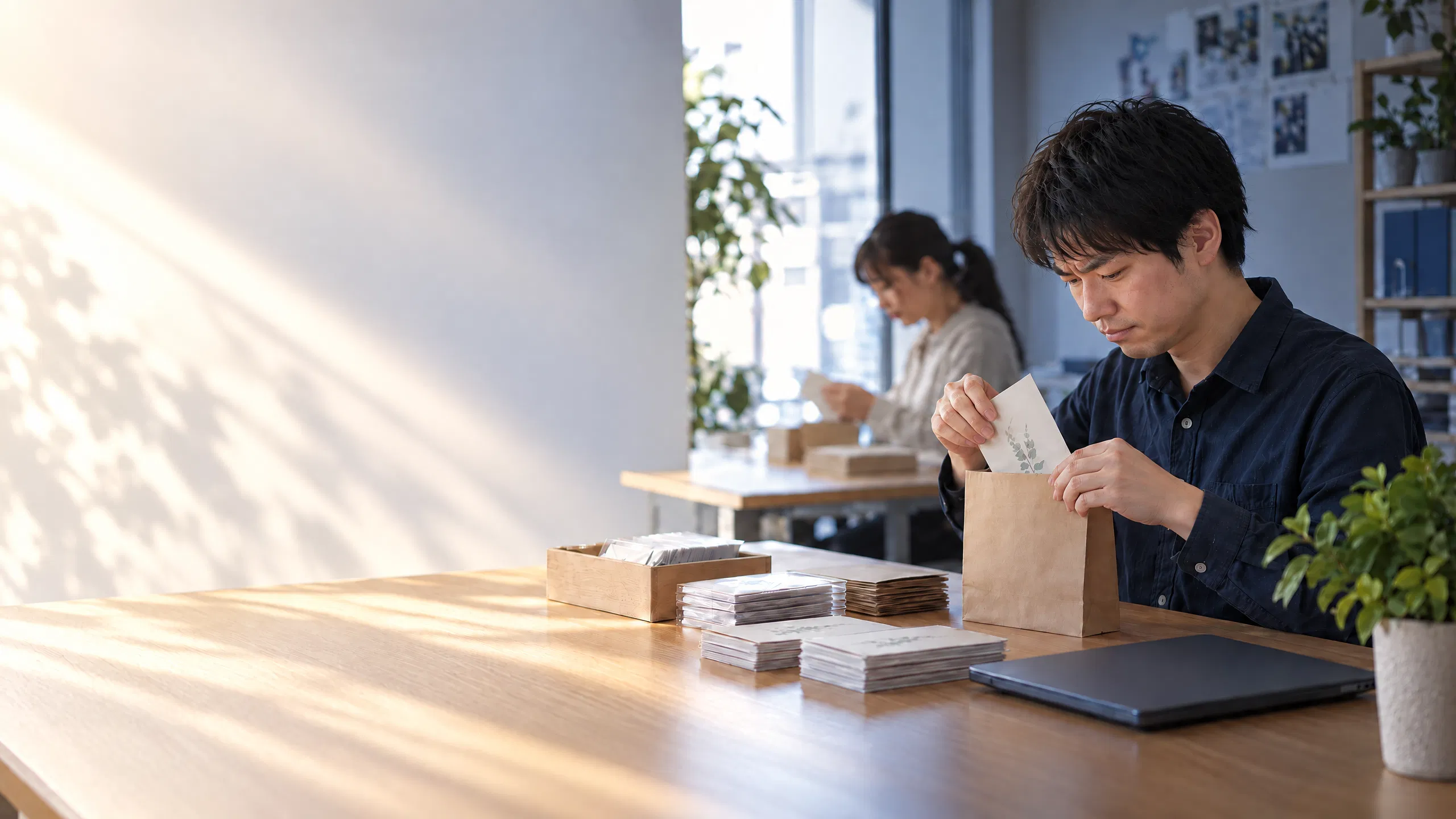 コードとアプリの画面に向き合う男性と、一緒に確認するスタッフ