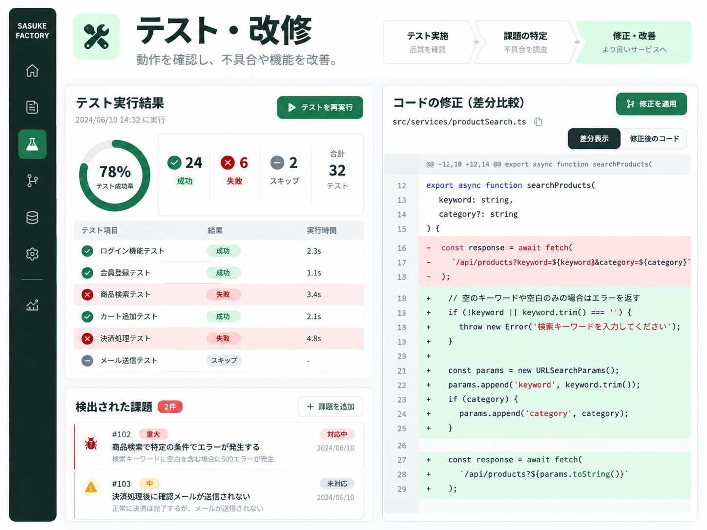 テスト結果と修正コードの画面イメージ