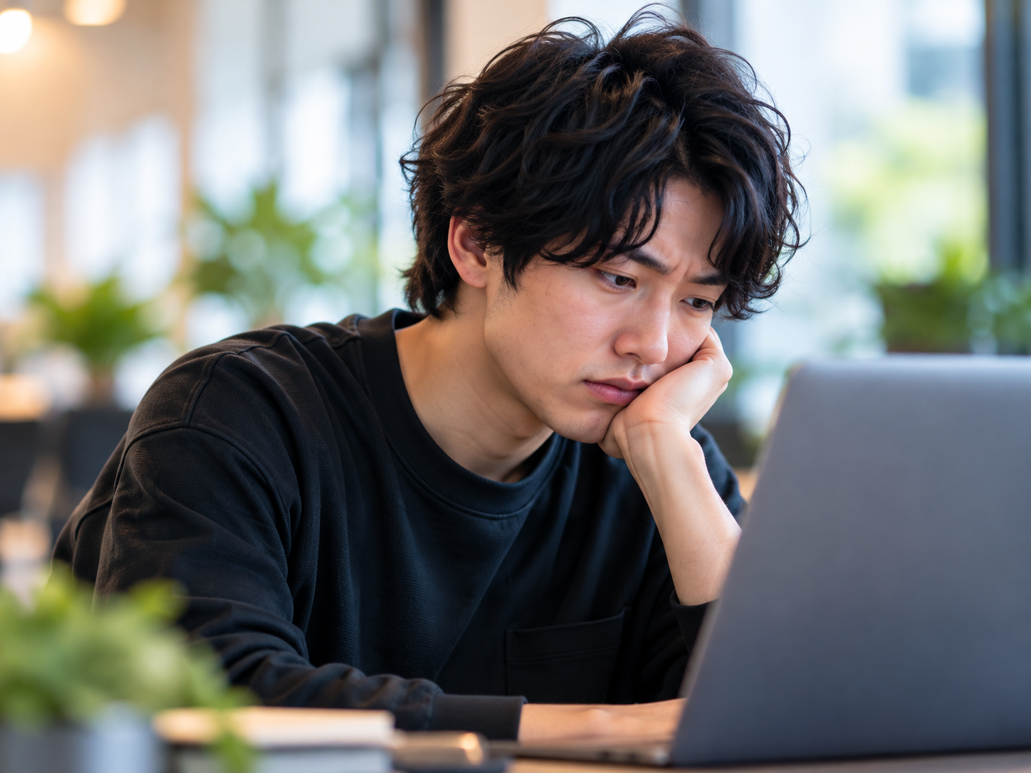 自分で書いたコードをスタッフと確認する男性